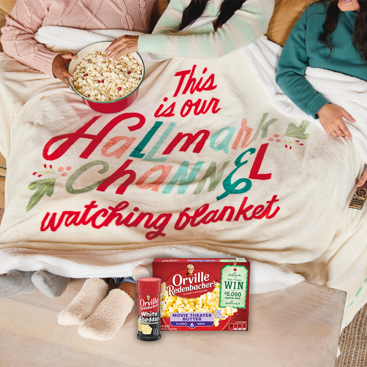 The sweepstakes prize, which includes Orville Redenbaucher's popcorn, seasoning, and a Hallmark channel themed blanket